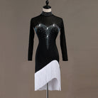 Black latin dance dress with crystal bodice and white tassel fringe in the split hem