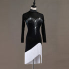 Black latin dance dress front view showing the stoned collar and long sleeves