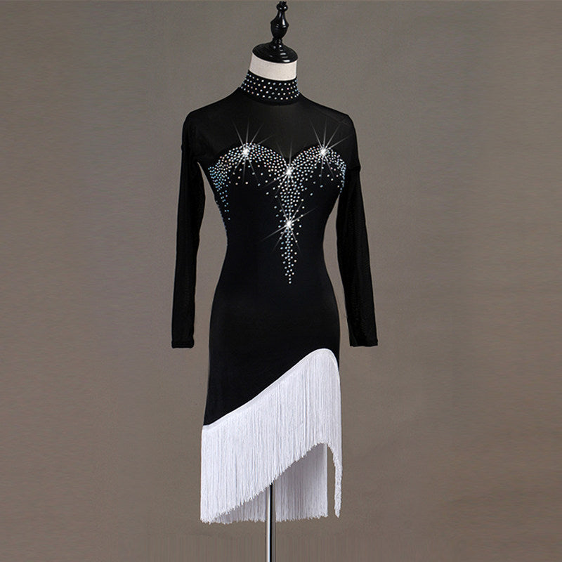 Black latin dance dress front view showing the stoned collar and long sleeves