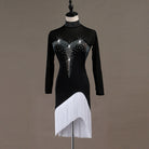 Black latin dance dress angled view with the white fringe split open