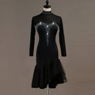Black latin dance dress with crystal heart motif across the chest and flared mesh hem