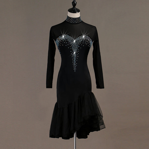 Black latin dance dress with crystal heart motif across the chest and flared mesh hem