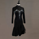 Black latin dance dress front view showing the small stoned collar
