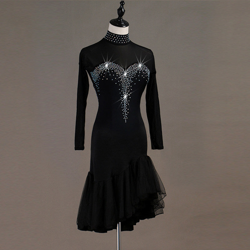 Black latin dance dress front view showing the small stoned collar