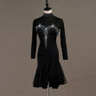 Black latin dance dress angled view with the crystal trails down the bodice