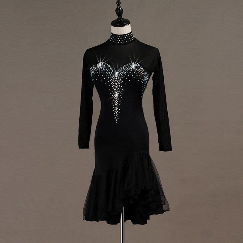 Black latin dance dress angled view with the crystal trails down the bodice
