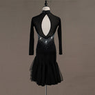 Black latin dance dress rear view showing the oval cutout under the small stoned collar