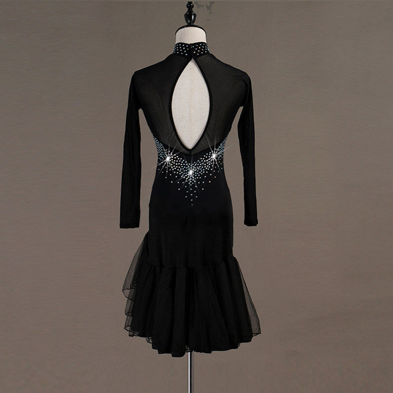 Black latin dance dress rear view showing the oval cutout under the small stoned collar
