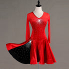 Red latin dance dress with crystal V neckline and black godet panel in the flared skirt