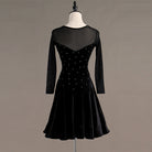 Black latin dance dress front view with the mesh V neckline and crystal bodice