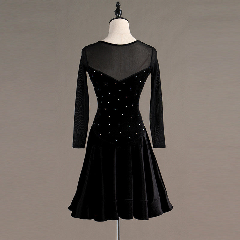 Black latin dance dress front view with the mesh V neckline and crystal bodice