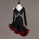 Black latin dance dress with red edged curled organza ruffle skirt