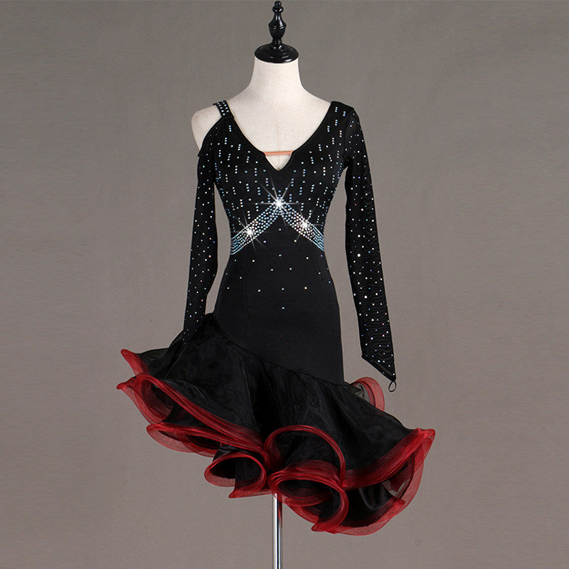 Black latin dance dress with red edged curled organza ruffle skirt