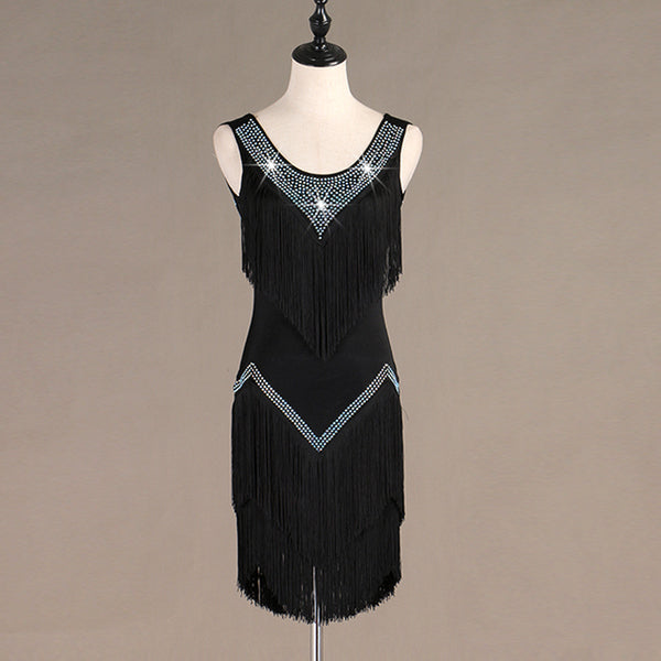 Black latin dance dress with crystal edged neckline and full black tassel fringe skirt