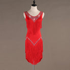 Red latin dance dress with crystal neckline and red tassel fringe skirt