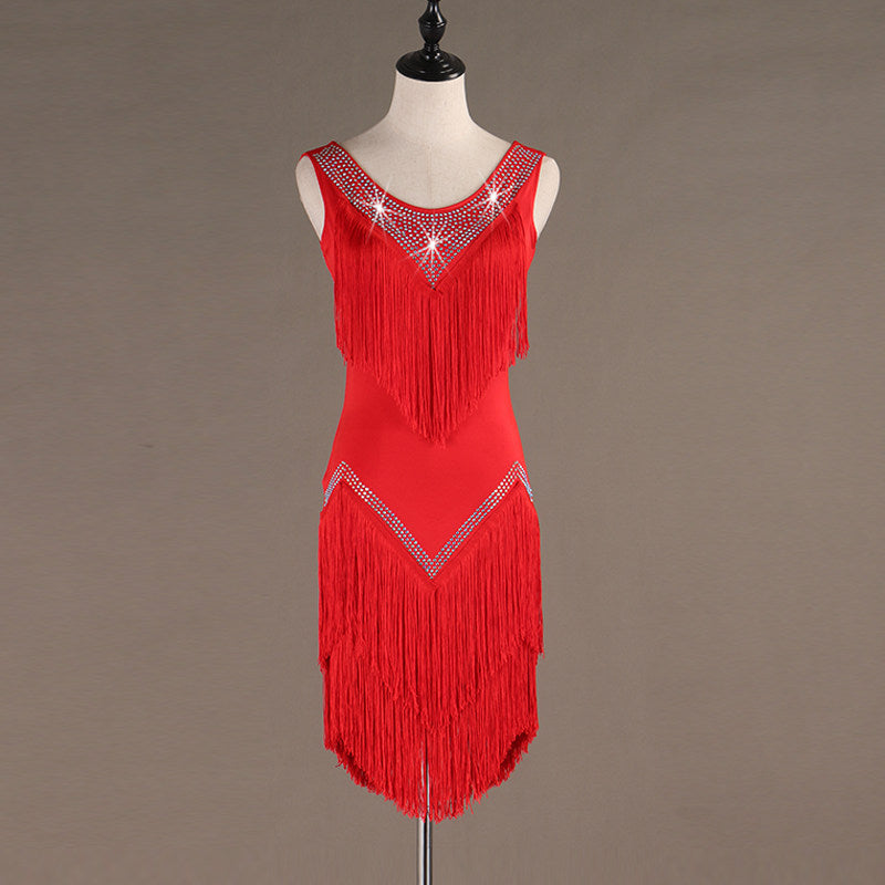 Red latin dance dress with crystal neckline and red tassel fringe skirt