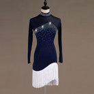 Navy latin dance dress with stoned high collar, crystal chest panel and white fringe hem