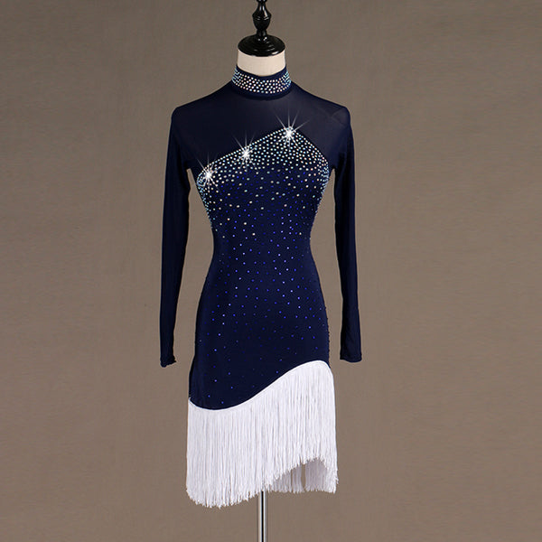 Navy latin dance dress with stoned high collar, crystal chest panel and white fringe hem
