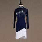Navy latin dance dress front view showing the crystals fading down the body