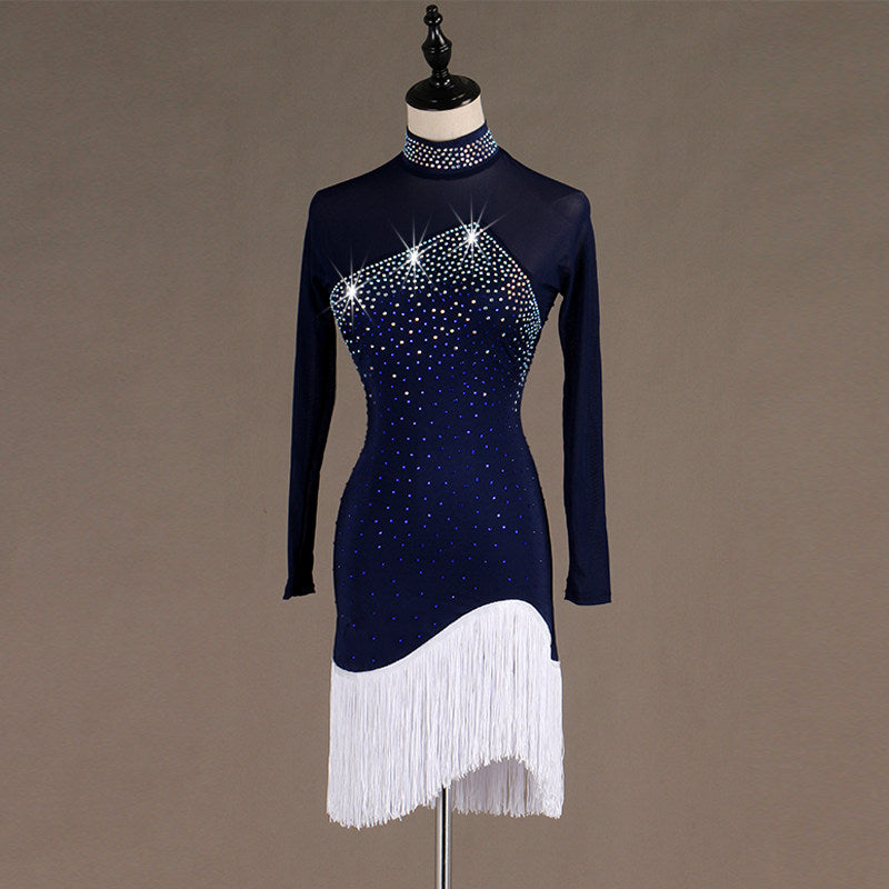 Navy latin dance dress front view showing the crystals fading down the body