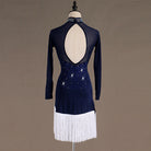 Navy latin dance dress rear view with the long teardrop back opening