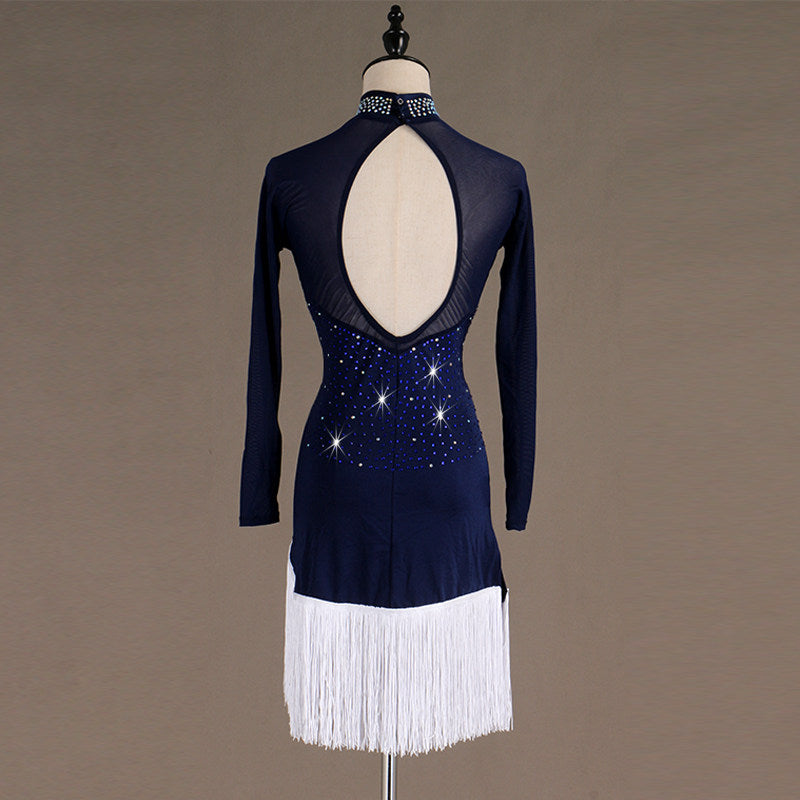 Navy latin dance dress rear view with the long teardrop back opening