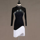Black latin dance dress with stoned high collar and white asymmetric fringe hem