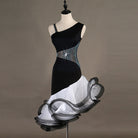 Black one shoulder latin dance dress with crystal waist band and white curled organza skirt