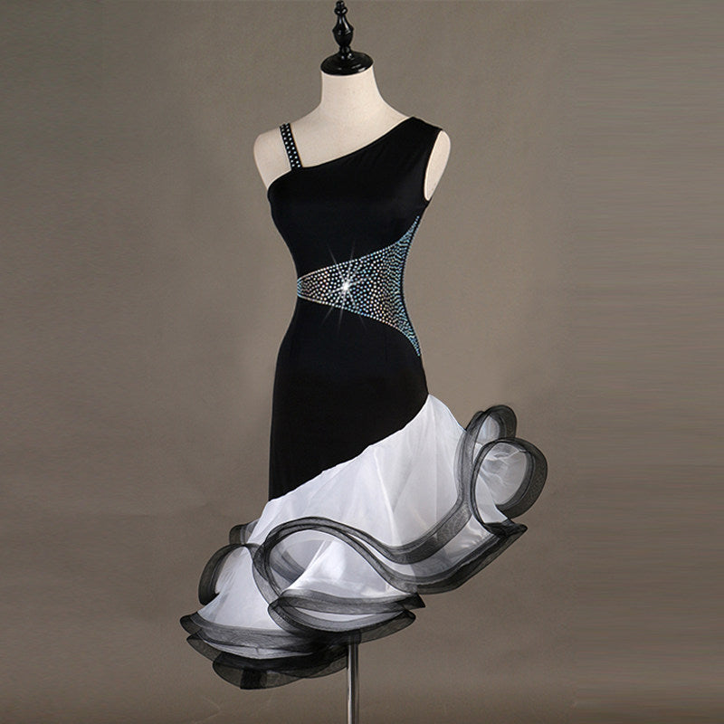Black one shoulder latin dance dress with crystal waist band and white curled organza skirt