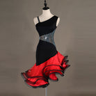 Black one shoulder latin dance dress with red curled organza ruffle skirt