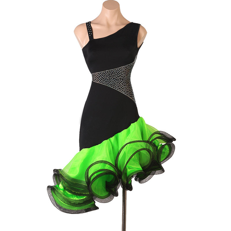 Black one shoulder latin dance dress with green curled organza ruffle skirt