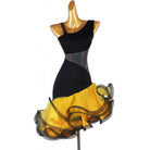 Black one shoulder latin dance dress with yellow curled organza ruffle skirt