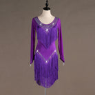 Purple latin dance dress with crystal trimmed chevrons and layered tassel fringe
