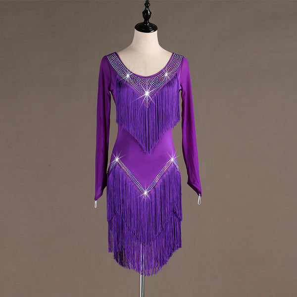 Purple latin dance dress with crystal trimmed chevrons and layered tassel fringe