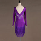 Purple latin dance dress front view showing the long sleeves and fringe layers