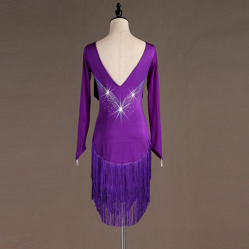 Purple latin dance dress front view showing the long sleeves and fringe layers