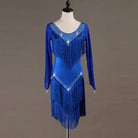 Blue latin dance dress with crystal trim and layered tassel fringe skirt