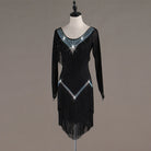 Black latin dance dress with crystal chevrons and layered black fringe