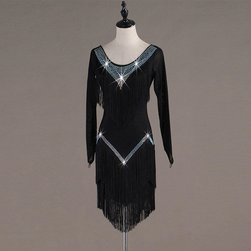 Black latin dance dress with crystal chevrons and layered black fringe