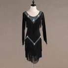 Black latin dance dress angled view with the fringe layers separating