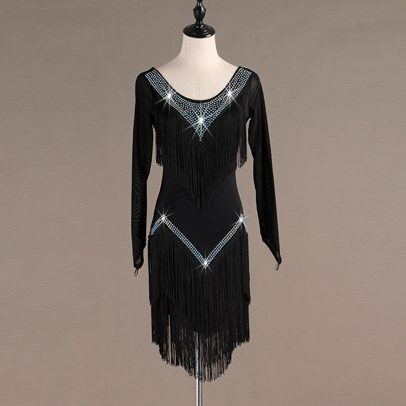 Black latin dance dress angled view with the fringe layers separating