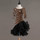 Leopard print latin dance dress with half sleeves and black organza ruffle hem
