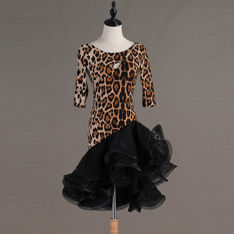 Leopard print latin dance dress with half sleeves and black organza ruffle hem