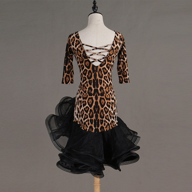 Leopard print latin dance dress rear view with the cord laced open back