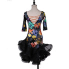 Multicolour floral print latin dance dress with laced back and black ruffle hem