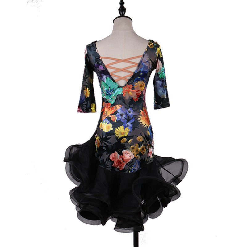Multicolour floral print latin dance dress with laced back and black ruffle hem