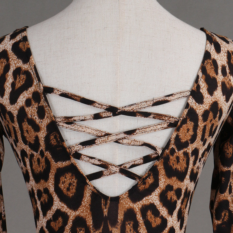 Close view of the cord lacing across the open back on leopard print