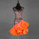 Leopard print latin dance dress with V neckline and orange curled organza skirt