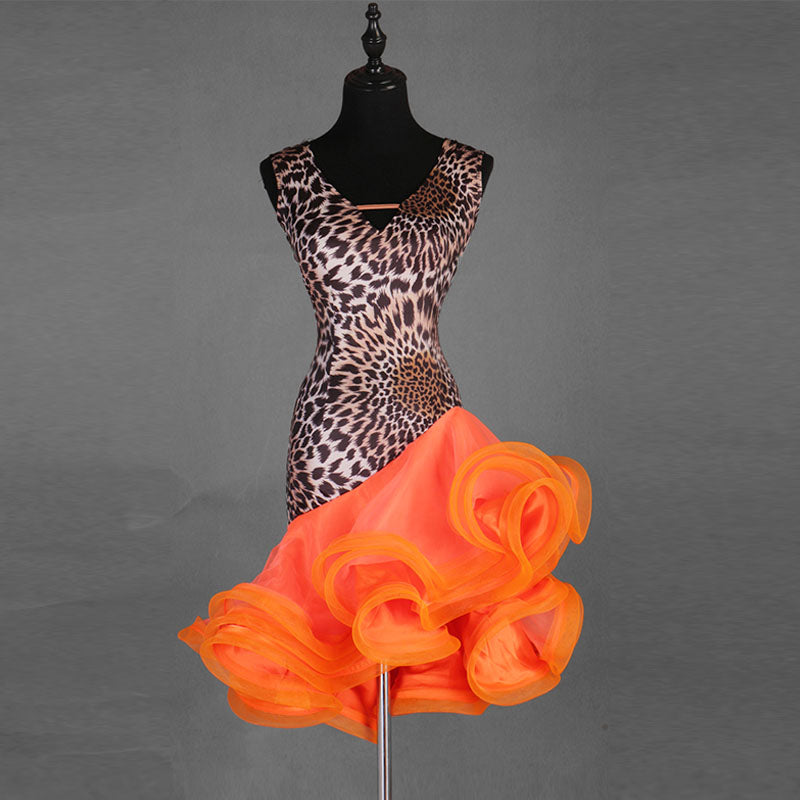 Leopard print latin dance dress with V neckline and orange curled organza skirt