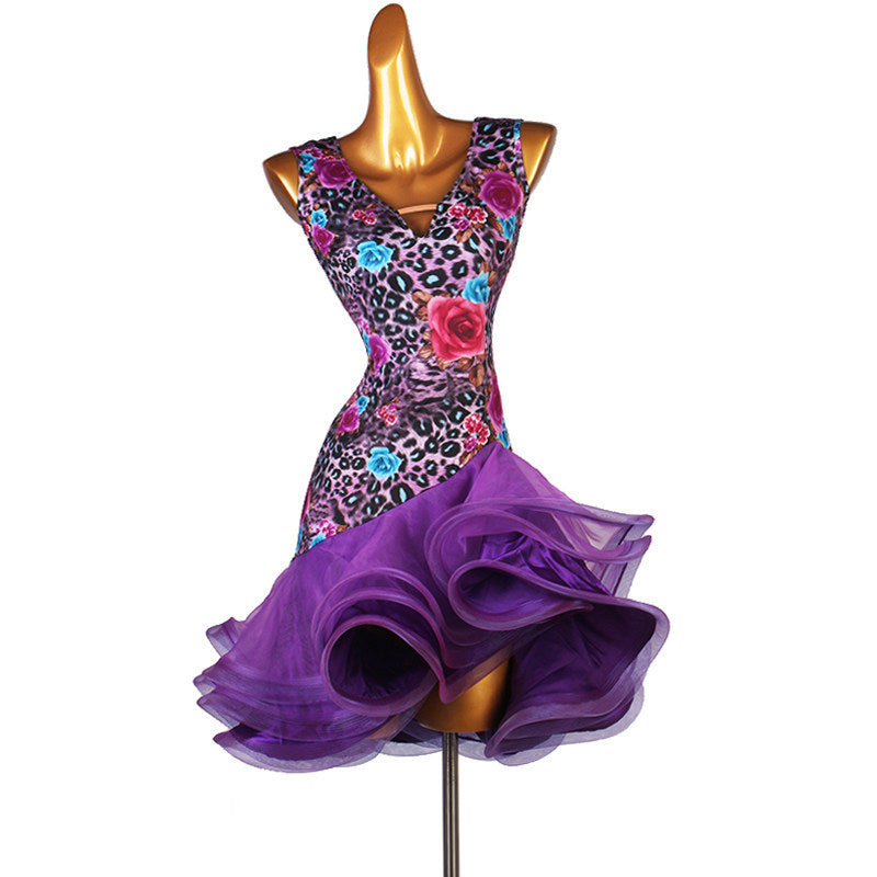Floral print latin dance dress with purple curled organza ruffle skirt
